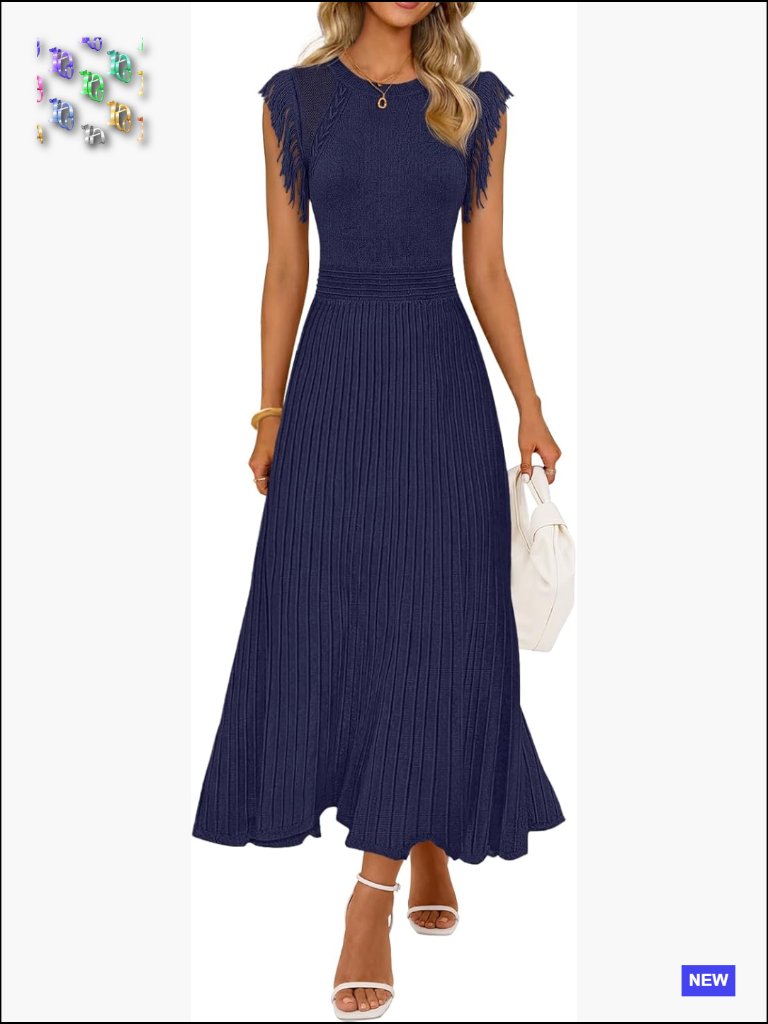 Sleeveless Fringe Midi Dress A-Line Pleated Flowy Business Casual Work Tank